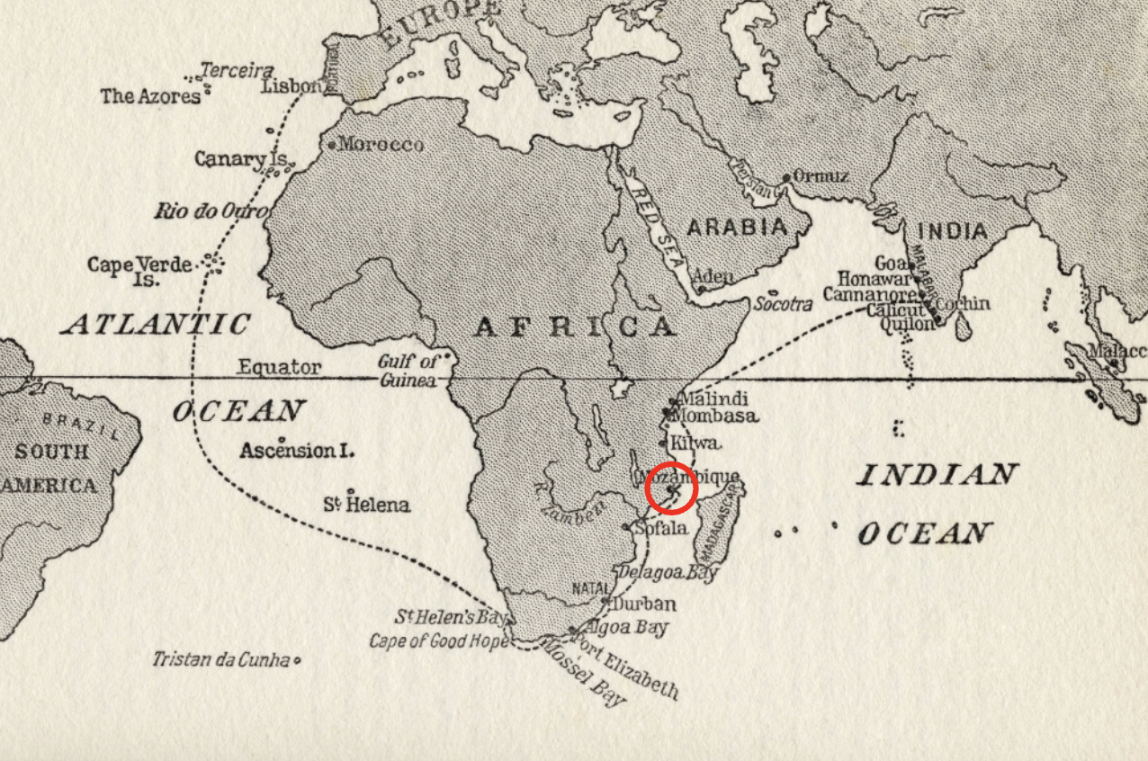 Vasco da Gama's path to India around Africa. The stop at Mozambique is circled in red.