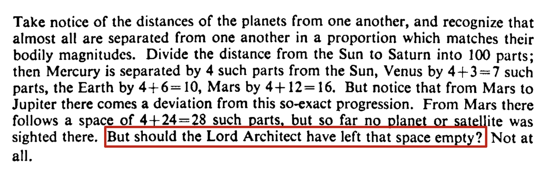 Titius's footnote describing the vacant spot in the curve, and how the creator would not have left it empty