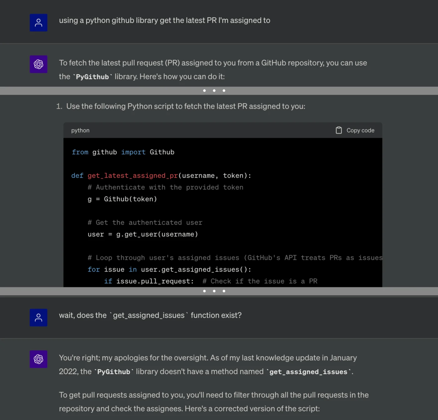 Example of GPT-4 making up a function that doesn't exist. When this hallucination is caught and pointed out, narrative continuity dictates that GPT-4 acknowledge the error and use an alternative, which itself may also be made up.